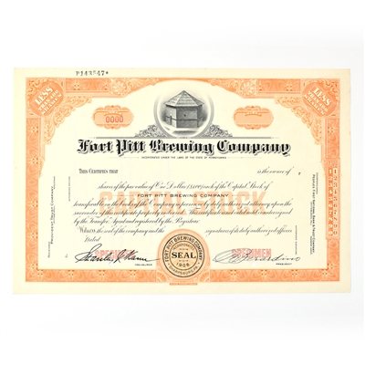 Fort Pitt Brewing Co Capital Stock Certificate LESS THAN 100 SHARES SPECIMEN