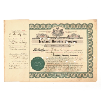 Freeland Brewing Co Capital Stock Certificate 20 SHARES 1910 CANCELLED