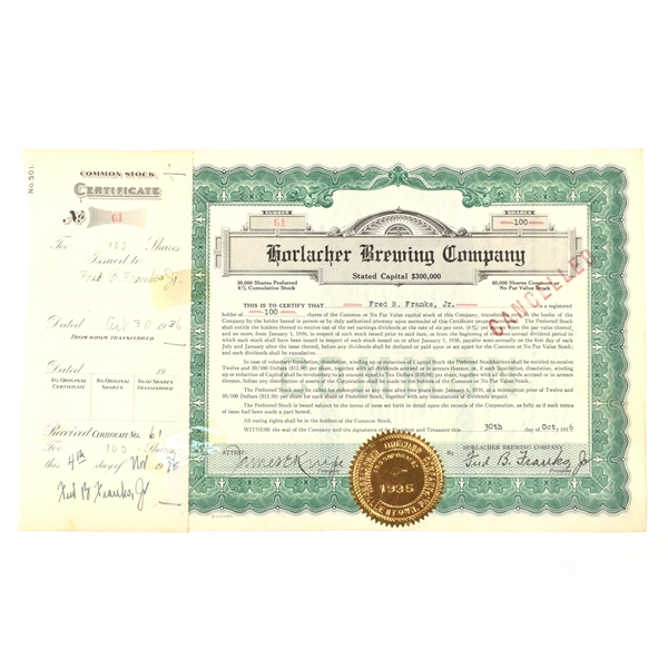 Horlacher Brewing Co Common Stock Certificate 100 Shares 1936