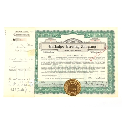 Horlacher Brewing Co Common Stock Certificate 100 Shares 1936