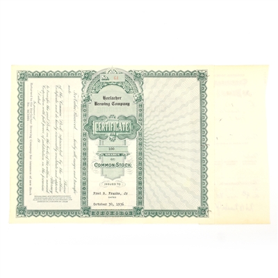 Horlacher Brewing Co Common Stock Certificate 100 Shares 1936