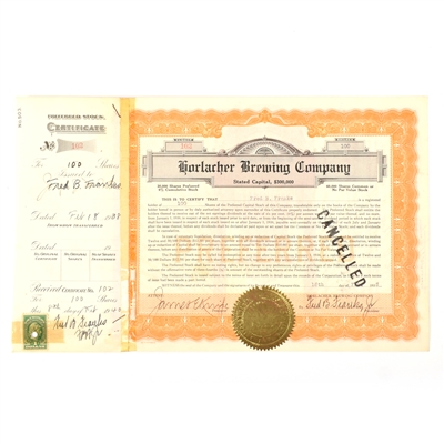 Horlacher Brewing Co Common Stock Certificate 100 Shares 1938