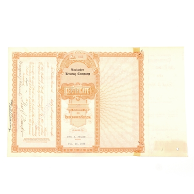 Horlacher Brewing Co Common Stock Certificate 100 Shares 1938