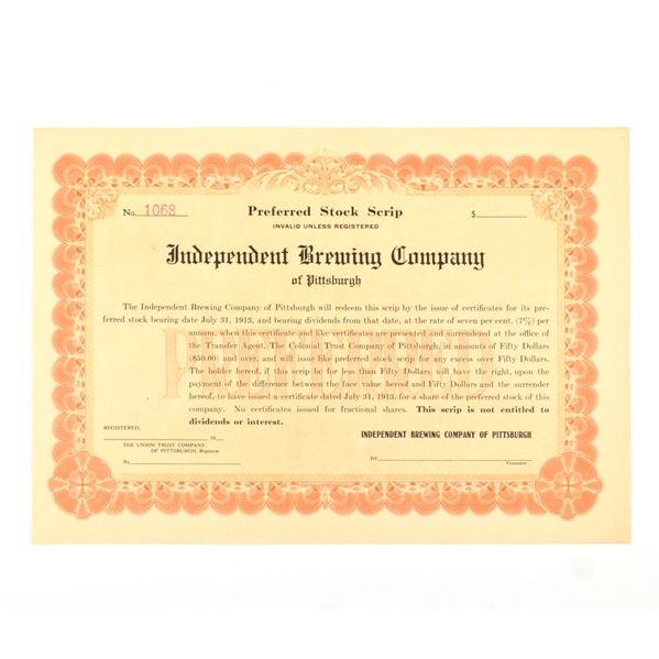 Independent Brewing Co Preferred Stock Certificate 1913