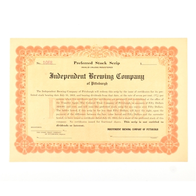 Independent Brewing Co Preferred Stock Certificate 1913