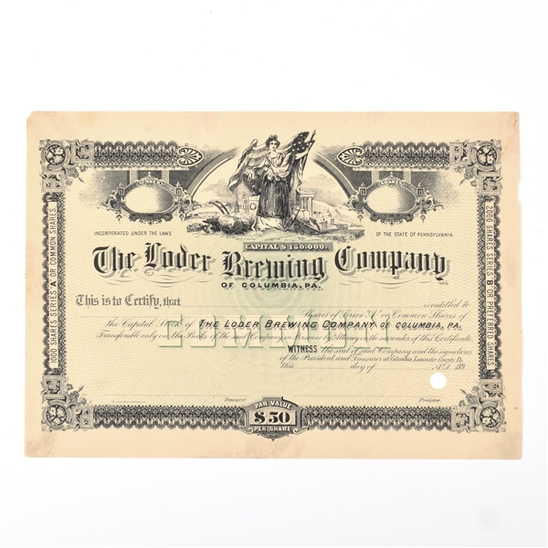 Loder Brewing Co Common Stock Certificate SERIES A-B