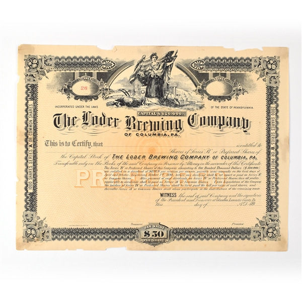 Loder Brewing Co Preferred Stock Certificate SERIES A-B