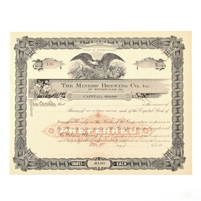Miners Brewing Co Capital Stock Certificate 100 SHARES PRE-PRO