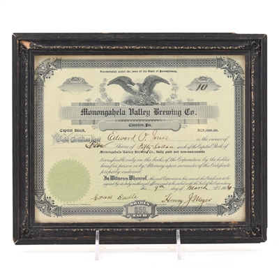 Monongahela Valley Brewing Capital Stock Certificate 10 SHARES 1906
