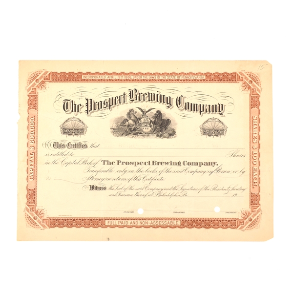 Prospect Brewing Co Proof Stock Certificate UNDATED