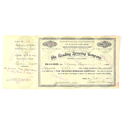 Reading Brewing Company Capital Stock Certificate 1922 CANCELLED