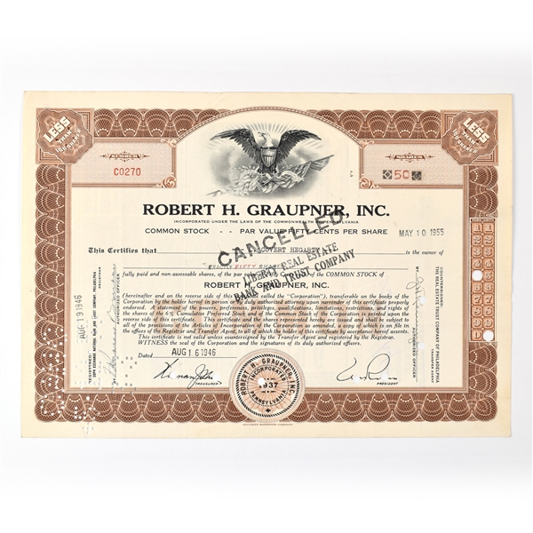 Robert H Graupner Common Stock Certificate 50 SHARES 1946 CANCELLED
