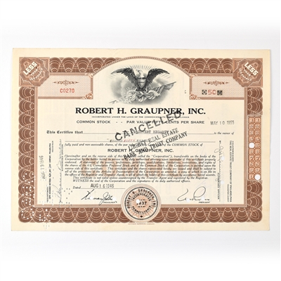 Robert H Graupner Common Stock Certificate 50 SHARES 1946 CANCELLED
