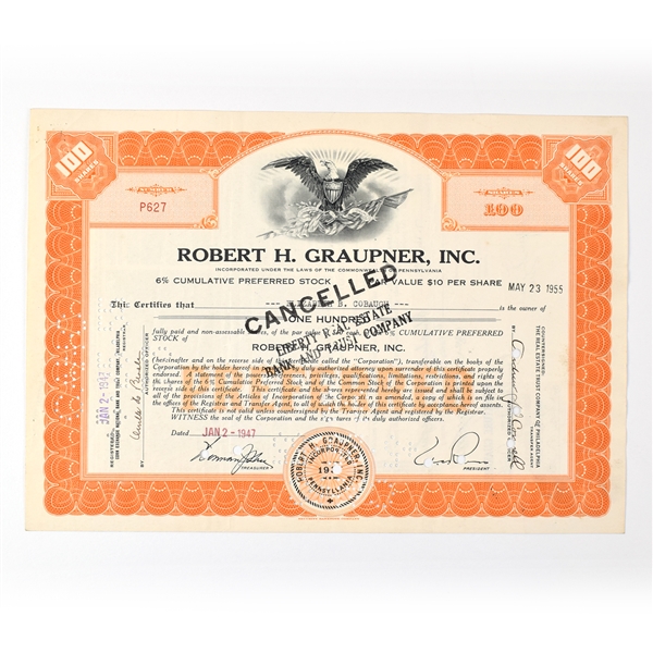 Robert H Graupner Preferred Stock Certificate 100 SHARES 1947 CANCELLED
