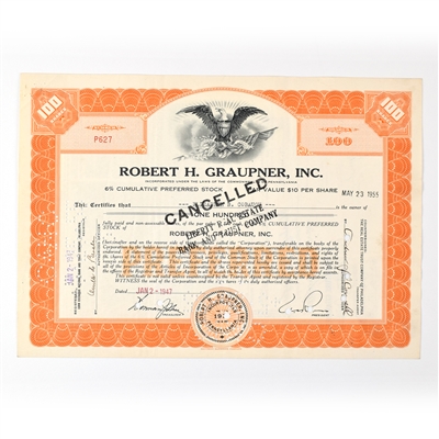Robert H Graupner Preferred Stock Certificate 100 SHARES 1947 CANCELLED