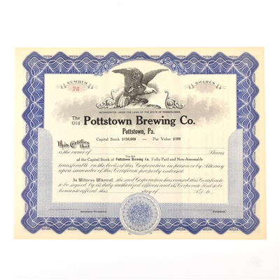 The Old Pottstown Brewing Co Stock Certificate