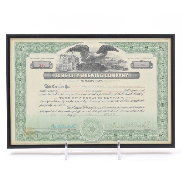 Tube City Brewing Co Capital Stock Certificate 100 SHARES 1952
