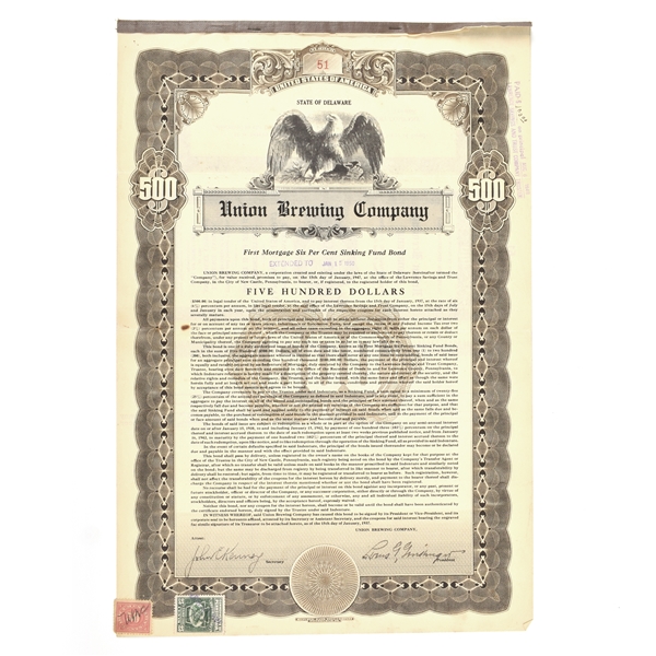 Union Brewing Co 1937 Corporate Bond