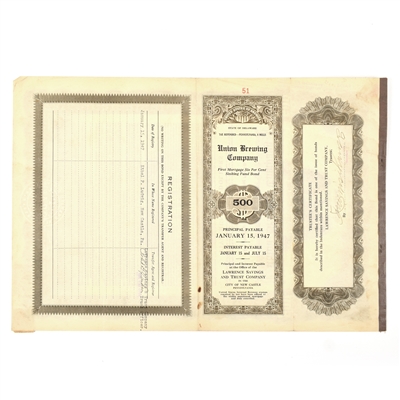 Union Brewing Co 1937 Corporate Bond