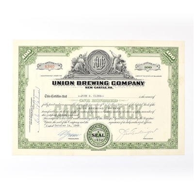 Union Brewing Co Capital Stock Certificate 100 SHARES ISSUED