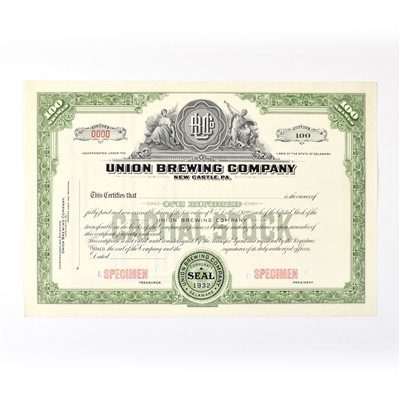 Union Brewing Co Capital Stock Certificate 100 SHARES SPECIMEN