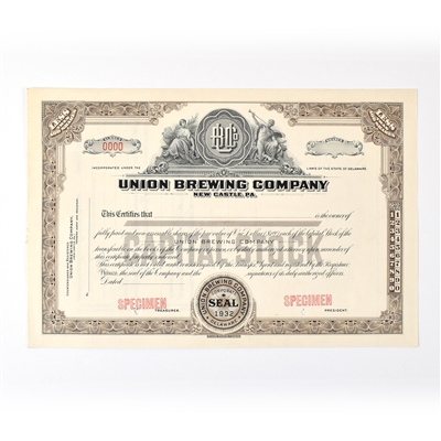 Union Brewing Co Capital Stock Certificate LESS THAN 100 SHARES SPECIMEN