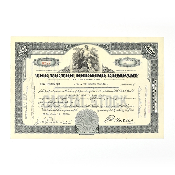 Victor Brewing Co Capital Stock Certificate LESS THAN 100 SHARES BLUE ISSUED