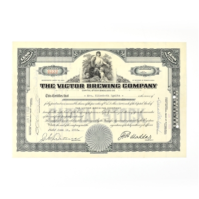 Victor Brewing Co Capital Stock Certificate LESS THAN 100 SHARES BLUE ISSUED