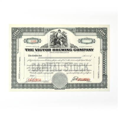Victor Brewing Co Capital Stock Certificate LESS THAN 100 SHARES BLUE SPECIMEN