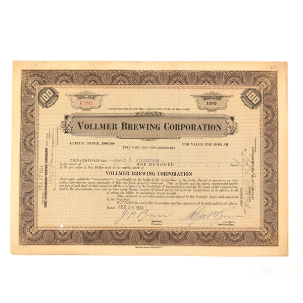 Vollmer Brewing Corp Capital Stock Certificate 100 SHARES 1934