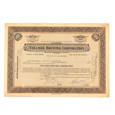 Vollmer Brewing Corp Capital Stock Certificate 100 SHARES 1934