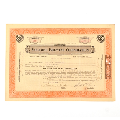 Vollmer Brewing Corp Capital Stock Certificate 34 SHARES 1934