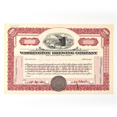 Washington Brewing Co Capital Stock Certificate SPECIMEN