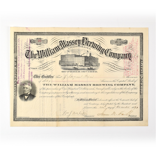 William Massey Brewing Company Capital Stock 6 SHARES 1891