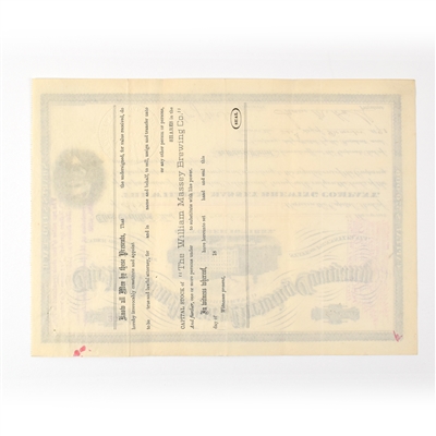 William Massey Brewing Company Capital Stock 6 SHARES 1891