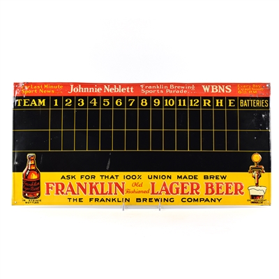 Franklin Lager Beer 1930s Tin Baseball Scoreboard Sign WBNS JOHNNIE NEBLETT