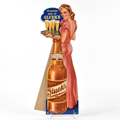 Glueks Beer 1940s Die Cut Cardboard Easel Sign RARE