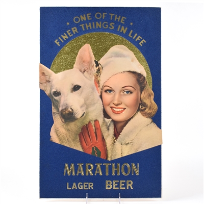 Marathon Lager Beer 1940s Flocked Cardboard Sign WHITE SWISS SHEPARD DOG