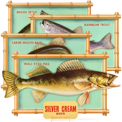 Silver Cream Beer Die Cut Cardboard Fish Signs Set of 4 NOS In Original Packaging