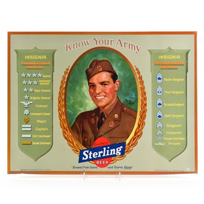 Sterling Beer 1940s Tin-Over-Cardboard Sign KNOW YOUR ARMY